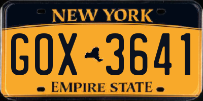 NY license plate GOX3641