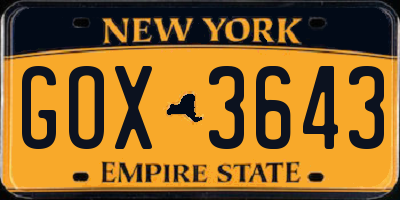 NY license plate GOX3643