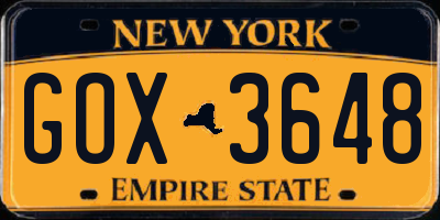 NY license plate GOX3648