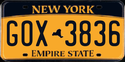 NY license plate GOX3836