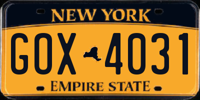 NY license plate GOX4031