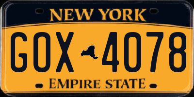 NY license plate GOX4078