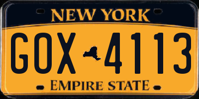 NY license plate GOX4113