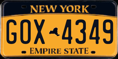 NY license plate GOX4349