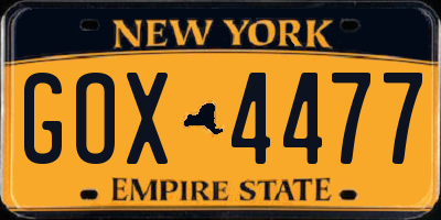 NY license plate GOX4477