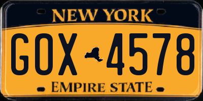 NY license plate GOX4578