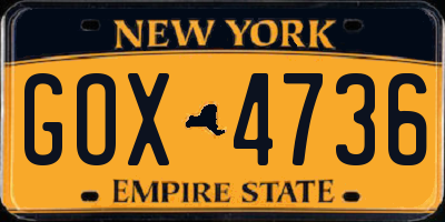 NY license plate GOX4736