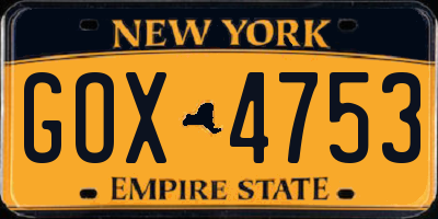 NY license plate GOX4753