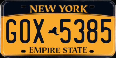 NY license plate GOX5385