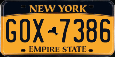 NY license plate GOX7386