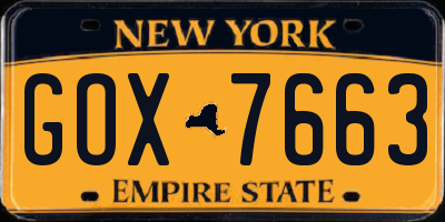 NY license plate GOX7663
