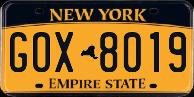 NY license plate GOX8019