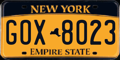 NY license plate GOX8023
