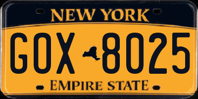NY license plate GOX8025