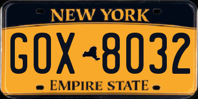NY license plate GOX8032