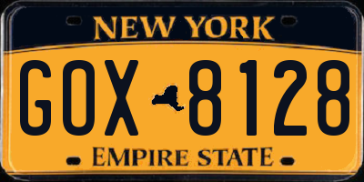 NY license plate GOX8128