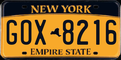 NY license plate GOX8216