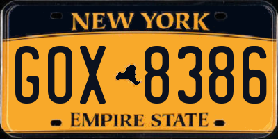 NY license plate GOX8386
