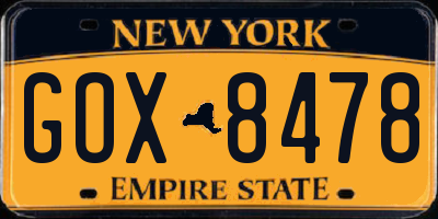 NY license plate GOX8478