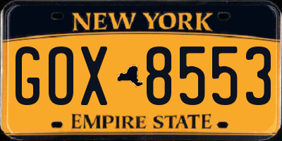 NY license plate GOX8553