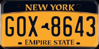 NY license plate GOX8643