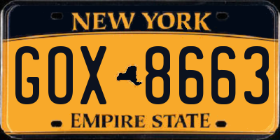 NY license plate GOX8663