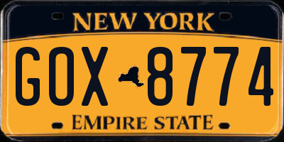 NY license plate GOX8774