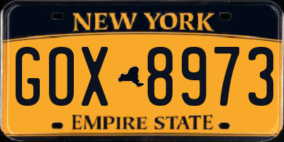 NY license plate GOX8973
