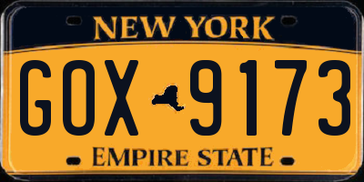 NY license plate GOX9173