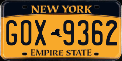 NY license plate GOX9362