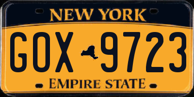 NY license plate GOX9723