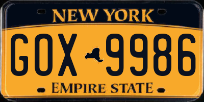 NY license plate GOX9986