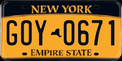 NY license plate GOY0671