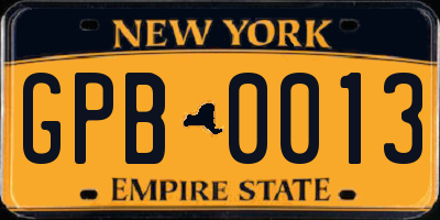 NY license plate GPB0013