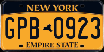 NY license plate GPB0923