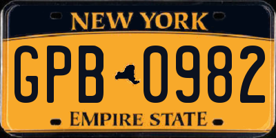 NY license plate GPB0982