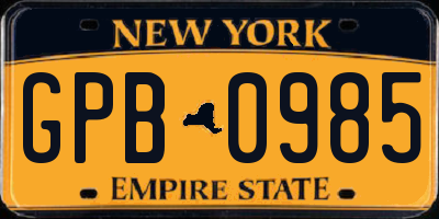 NY license plate GPB0985