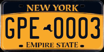 NY license plate GPE0003