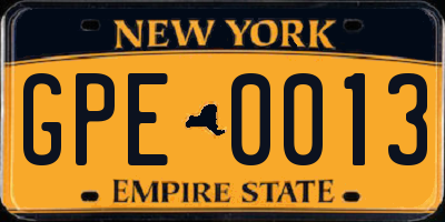 NY license plate GPE0013