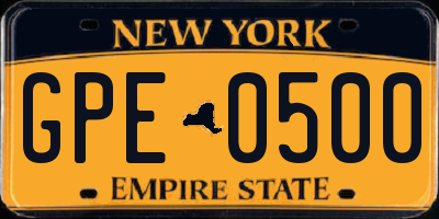 NY license plate GPE0500