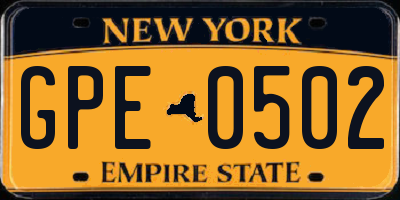 NY license plate GPE0502