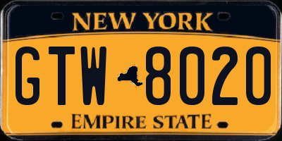 NY license plate GTW8020
