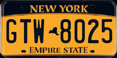 NY license plate GTW8025