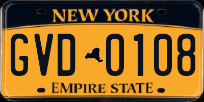 NY license plate GVD0108