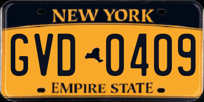 NY license plate GVD0409