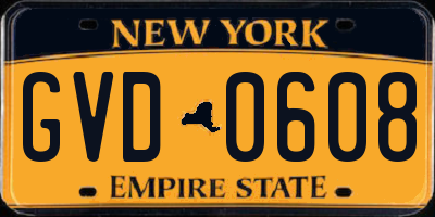 NY license plate GVD0608