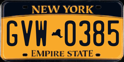 NY license plate GVW0385