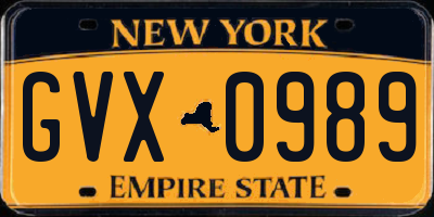 NY license plate GVX0989