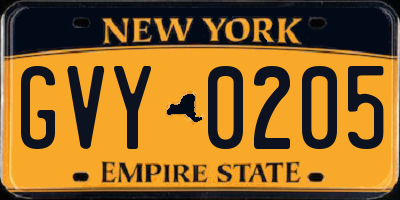 NY license plate GVY0205