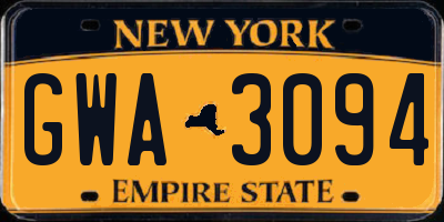 NY license plate GWA3094